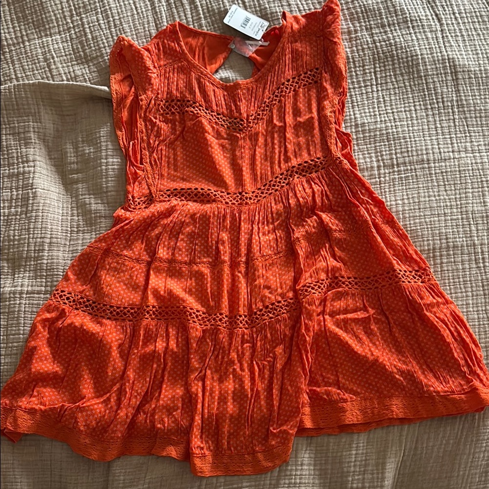 Free People Orange Lace-Trim Tiered Dress with Cutout Details
